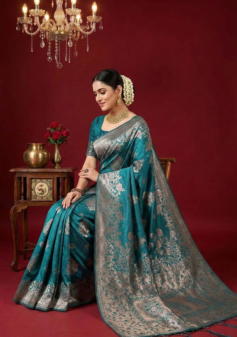 Blue Zari Work Silk Saree Set - Indya