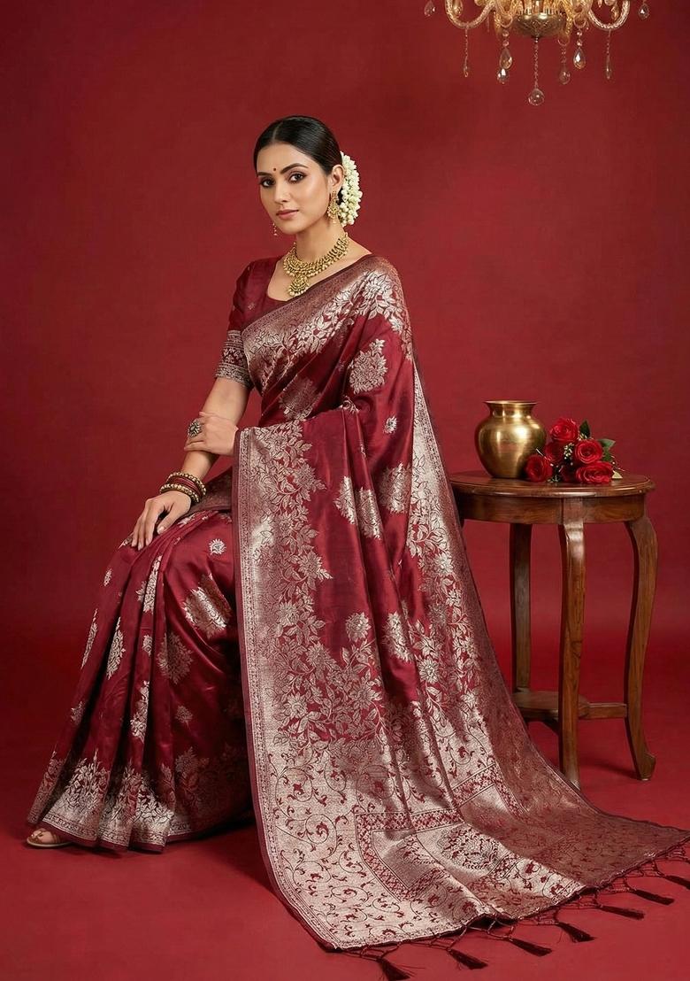 Maroon Zari Work Silk Saree Set - Indya
