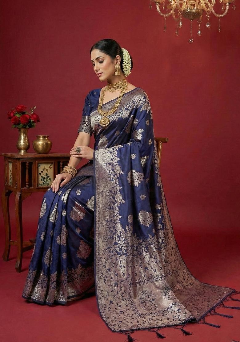 Navy Blue Zari Work Silk Saree Set - Indya