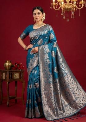 Teal Zari Work Silk Saree Set