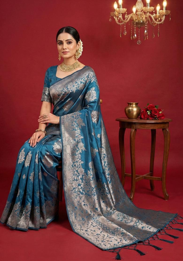 Teal Zari Work Silk Saree Set - Indya
