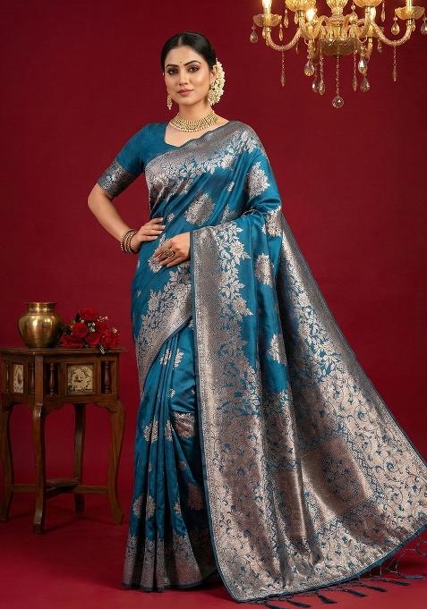 Teal Zari Work Silk Saree Set