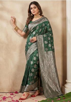 Dark Green Zari Work Silk Saree Set