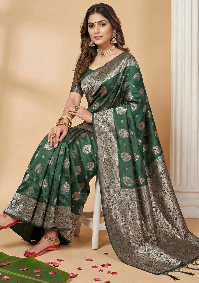 Dark Green Zari Work Silk Saree Set - Indya