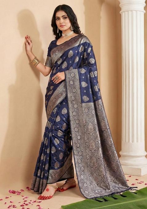 Navy Blue Zari Work Silk Blend Saree Set