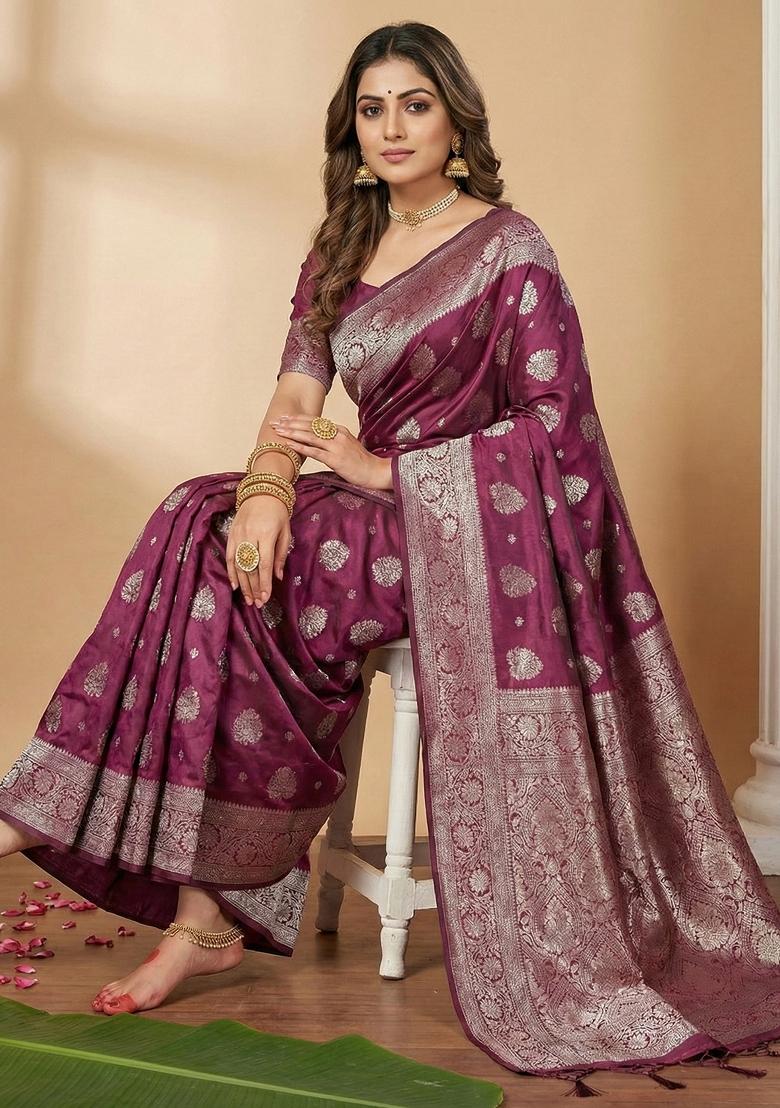 Purple Zari Work Silk Saree Set - Indya