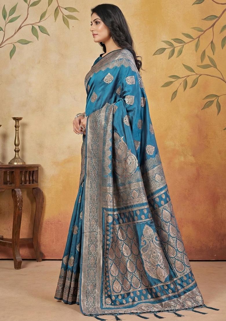 Blue Zari Work Silk Saree Set - Indya