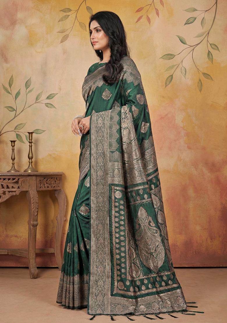 Dark Green Zari Work Silk Saree Set - Indya