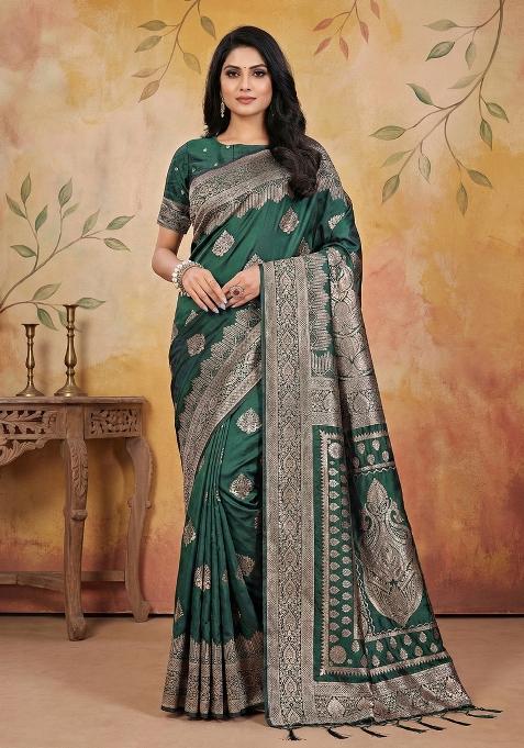 Dark Green Zari Work Silk Saree Set