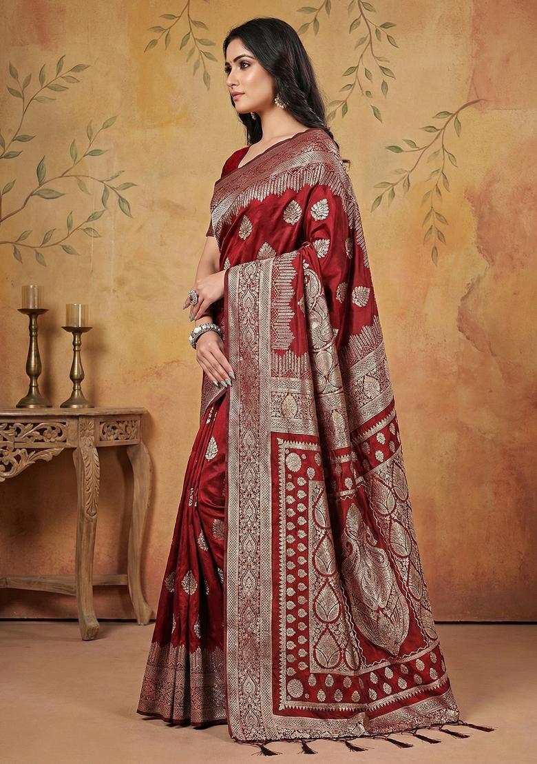 Maroon Zari Work Silk Saree Set - Indya