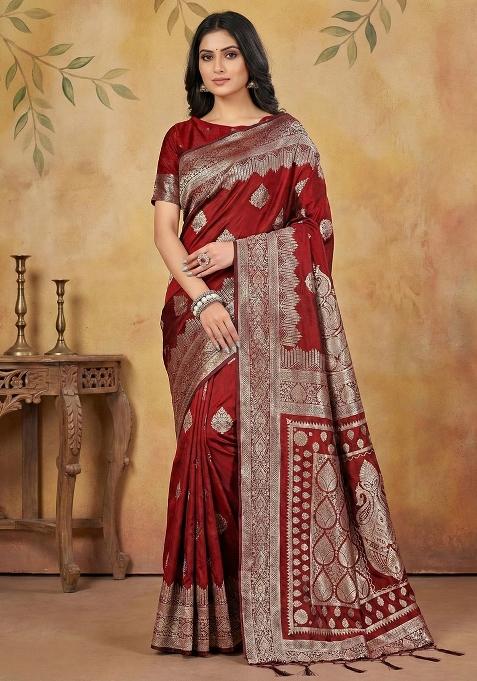 Maroon Zari Work Silk Saree Set