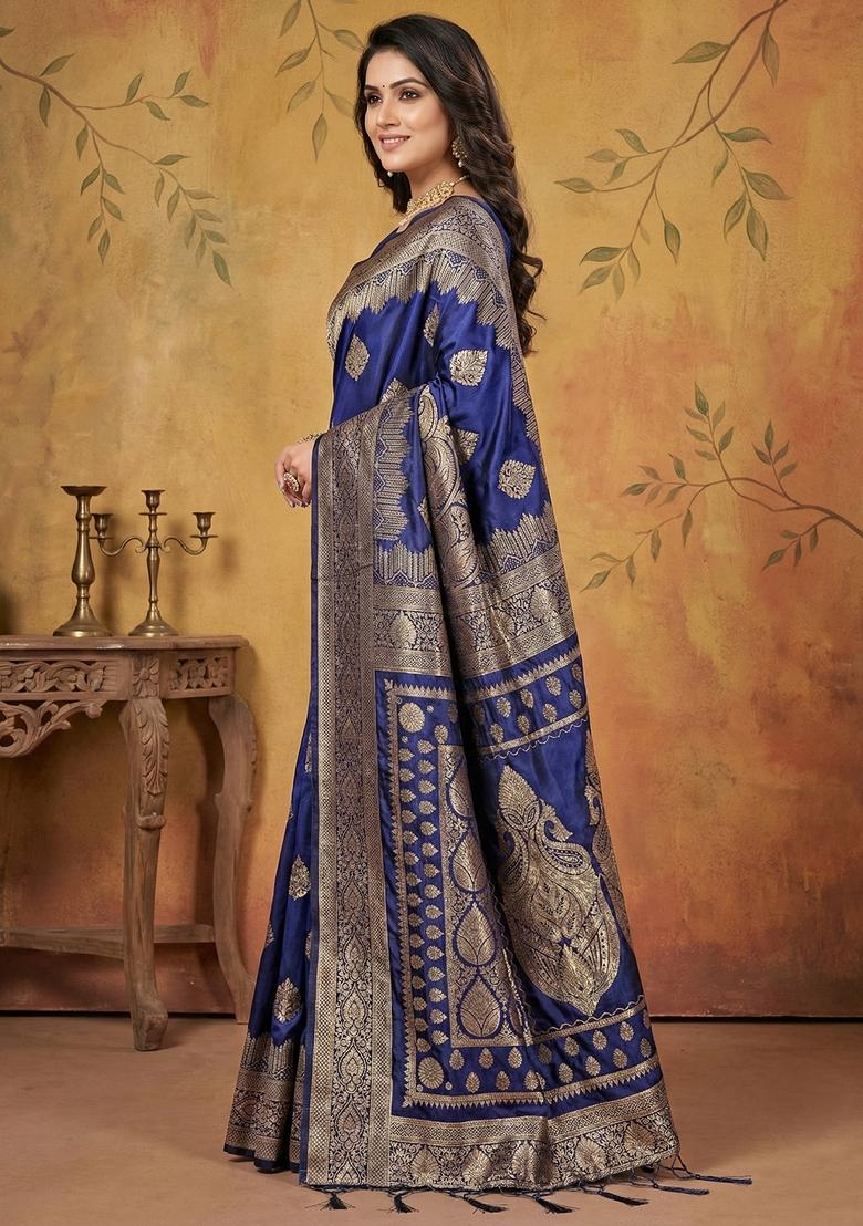 Navy Blue Zari Work Silk Saree Set - Indya