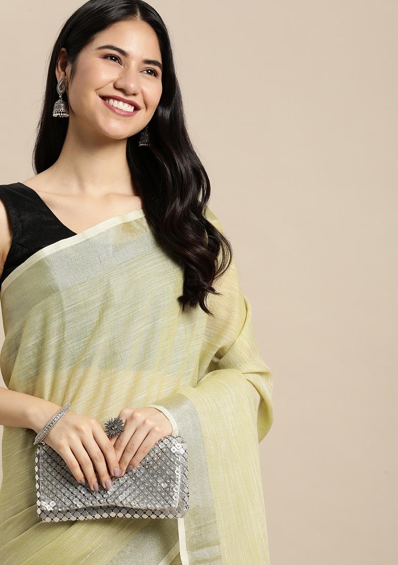 Green Printed Linen Saree Set - Indya