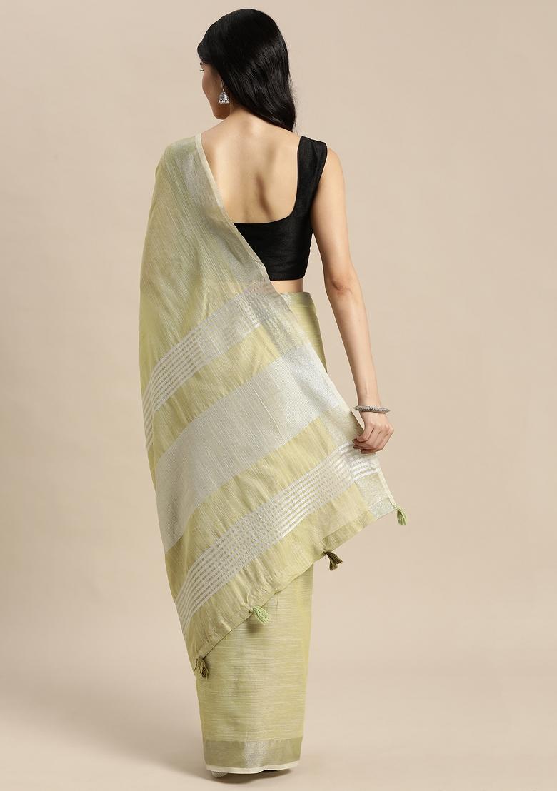Green Printed Linen Saree Set - Indya