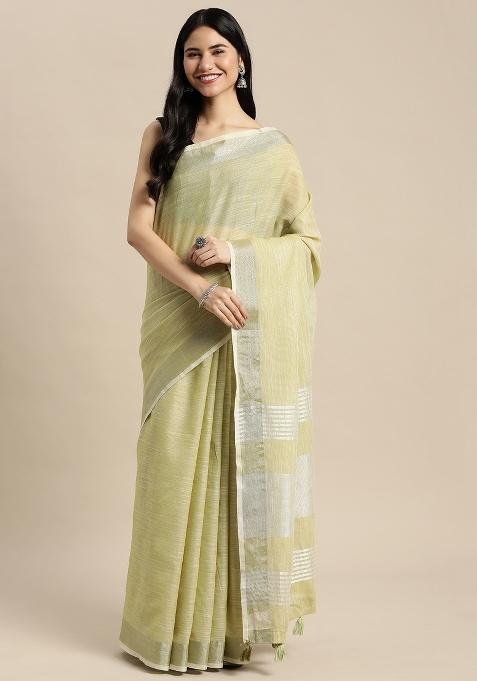 Green Printed Linen Saree Set