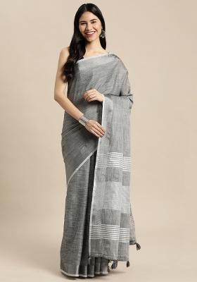 Grey Printed Linen Saree Set