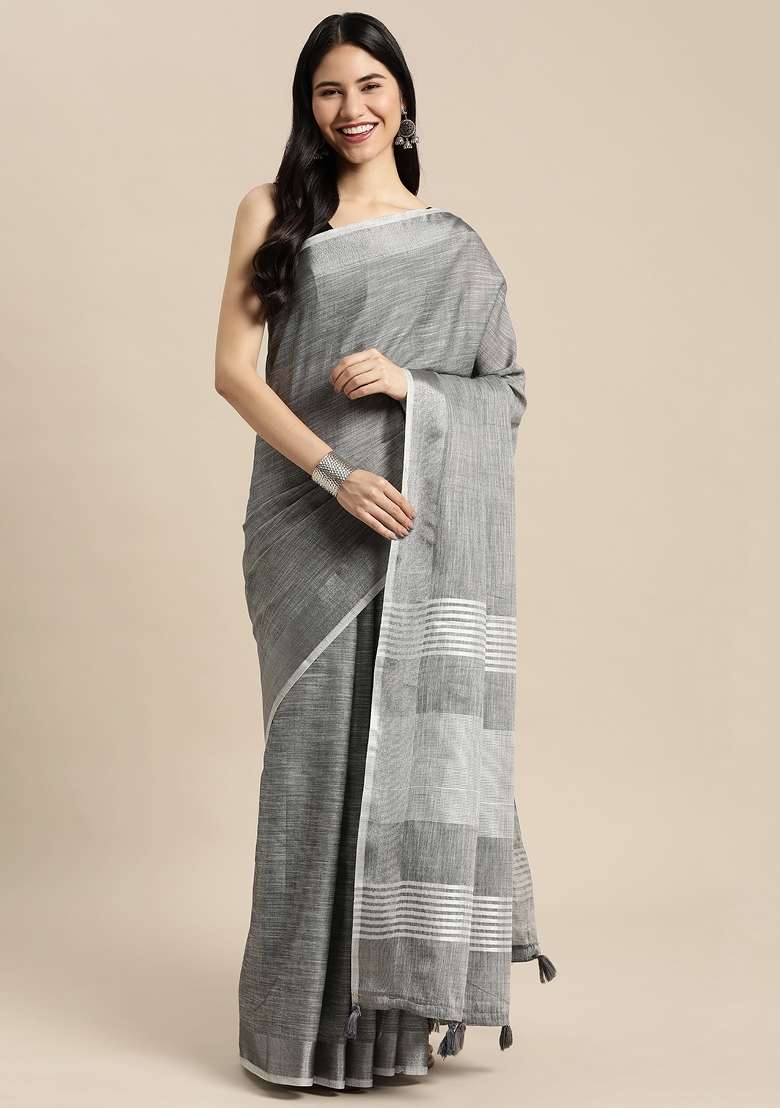 Grey Linen Saree Set with Printed for Diwali | Wedding & Festive Wear - Indya
