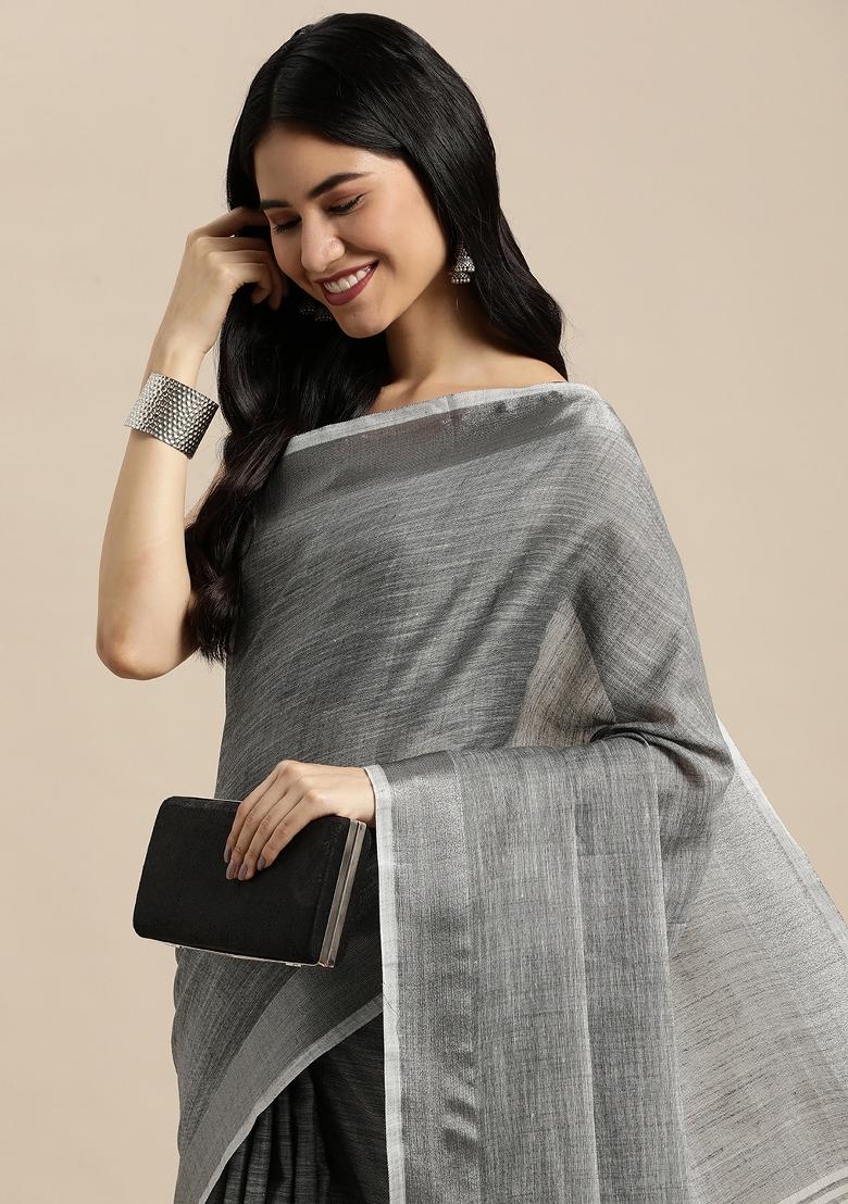 Grey Printed Linen Saree Set - Indya