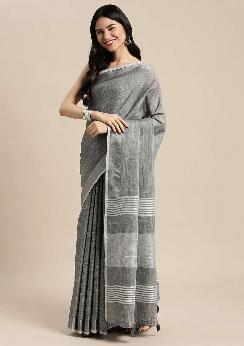 Grey Linen Saree Set with Printed for Diwali | Wedding & Festive Wear - Indya