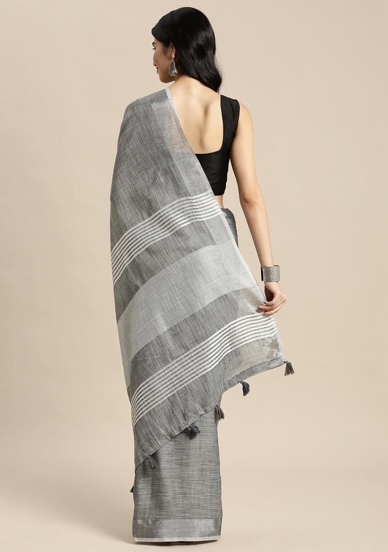 Grey Printed Linen Saree Set - Indya