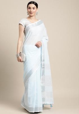 Blue Printed Linen Saree Set