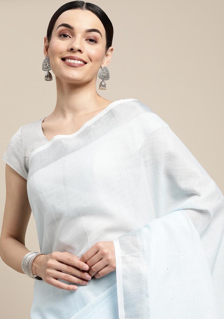 Blue Printed Linen Saree Set - Indya