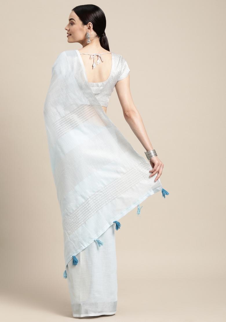 Blue Printed Linen Saree Set - Indya