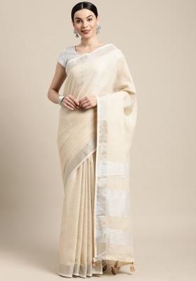 Off White Printed Linen Saree Set
