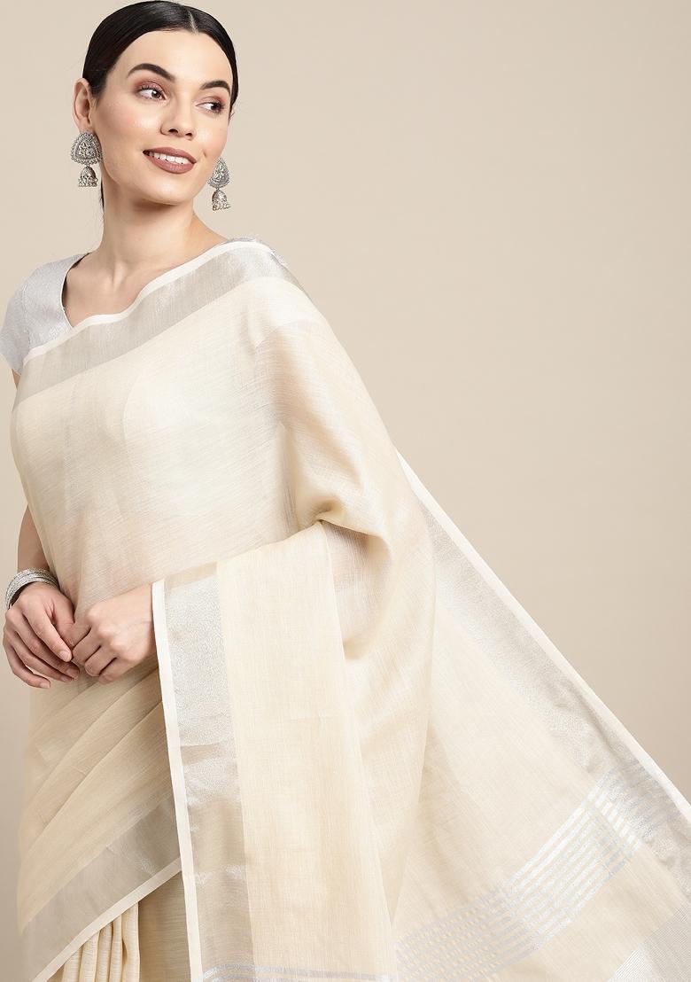 Off White Printed Linen Saree Set - Indya