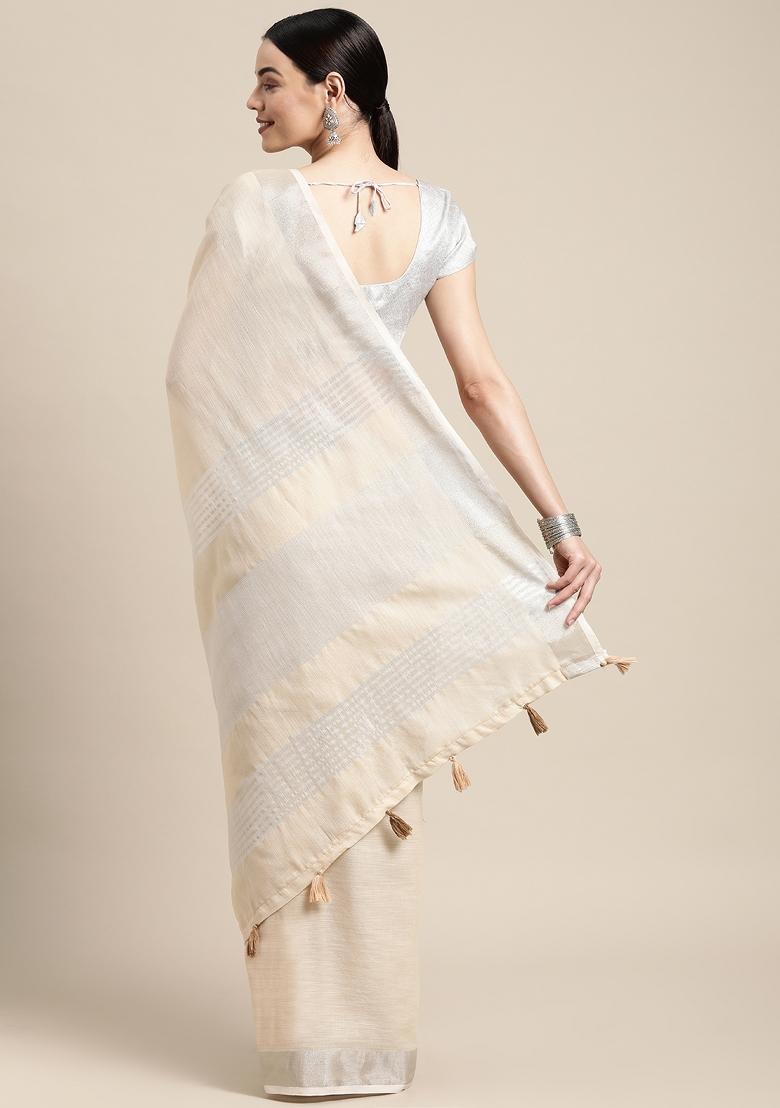 Off White Printed Linen Saree Set - Indya