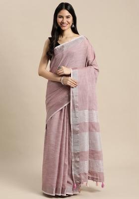 Purple Printed Linen Saree Set