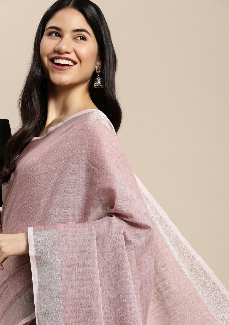 Purple Printed Linen Saree Set - Indya