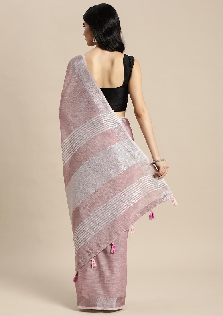 Purple Printed Linen Saree Set - Indya