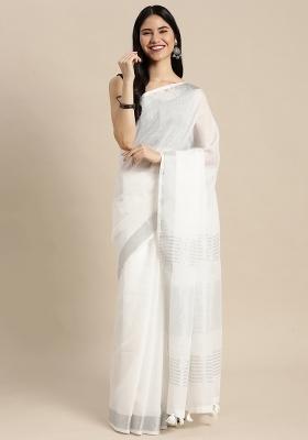 White Printed Linen Saree Set