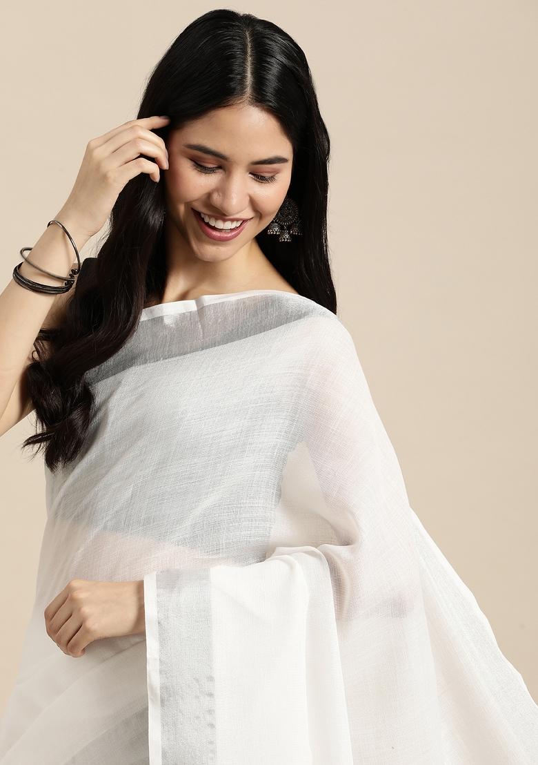 White Printed Linen Saree Set - Indya