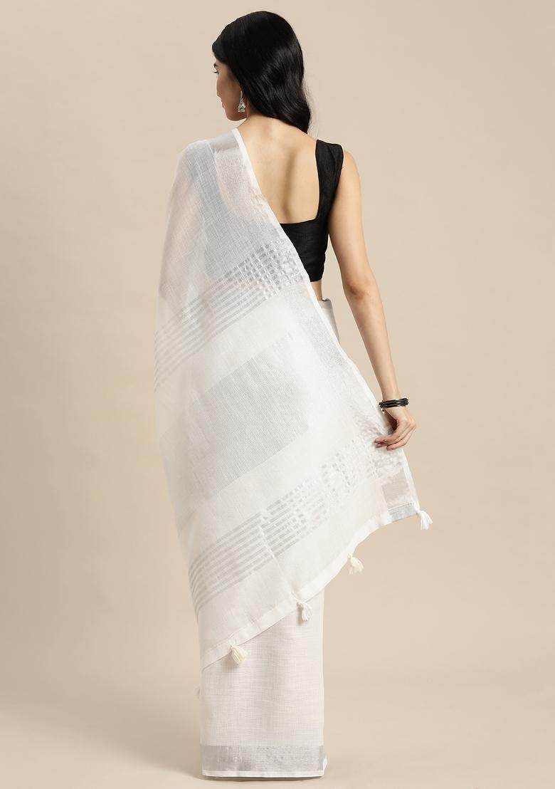 White Printed Linen Saree Set - Indya