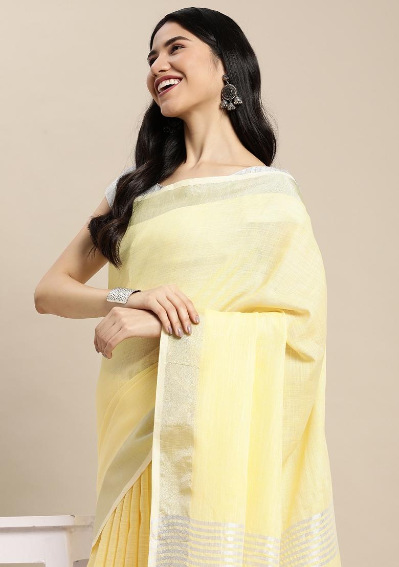 Light Yellow Printed Linen Saree Set - Indya