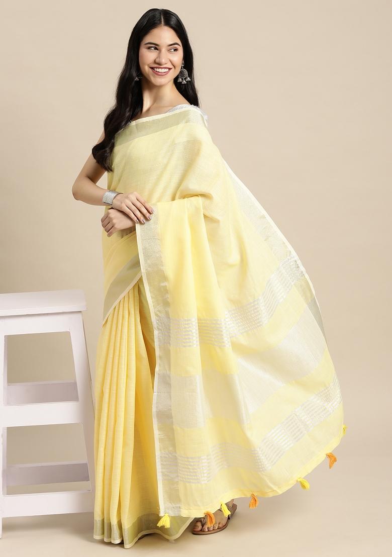 Light Yellow Printed Linen Saree Set - Indya