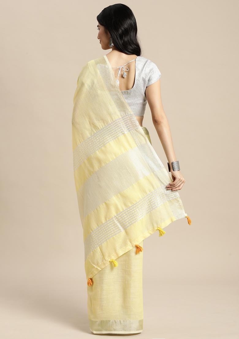 Light Yellow Printed Linen Saree Set - Indya