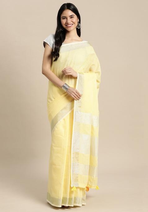 Light Yellow Printed Linen Saree Set