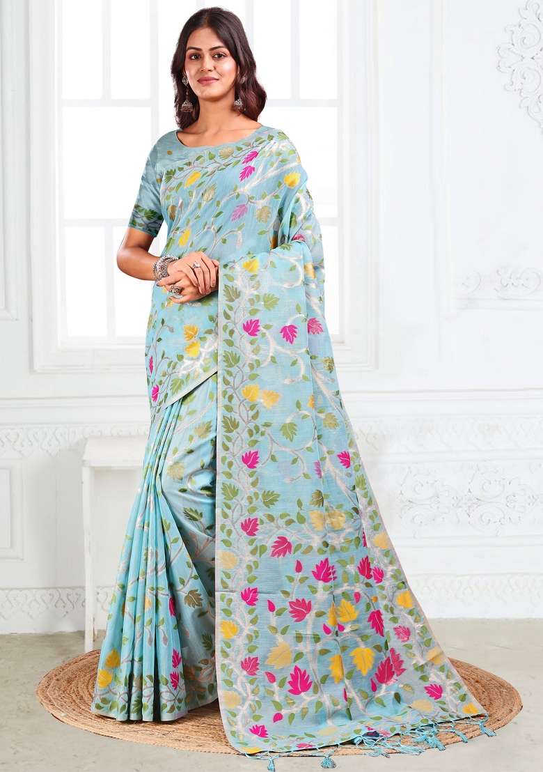 Blue Floral Print Linen Saree Set for Diwali and Festive Wear - Indya