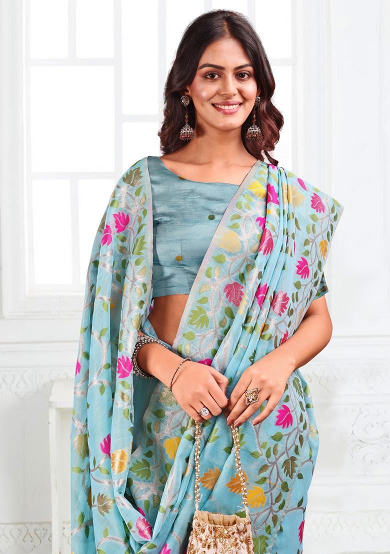 Blue Floral Print Linen Saree Set - Indya