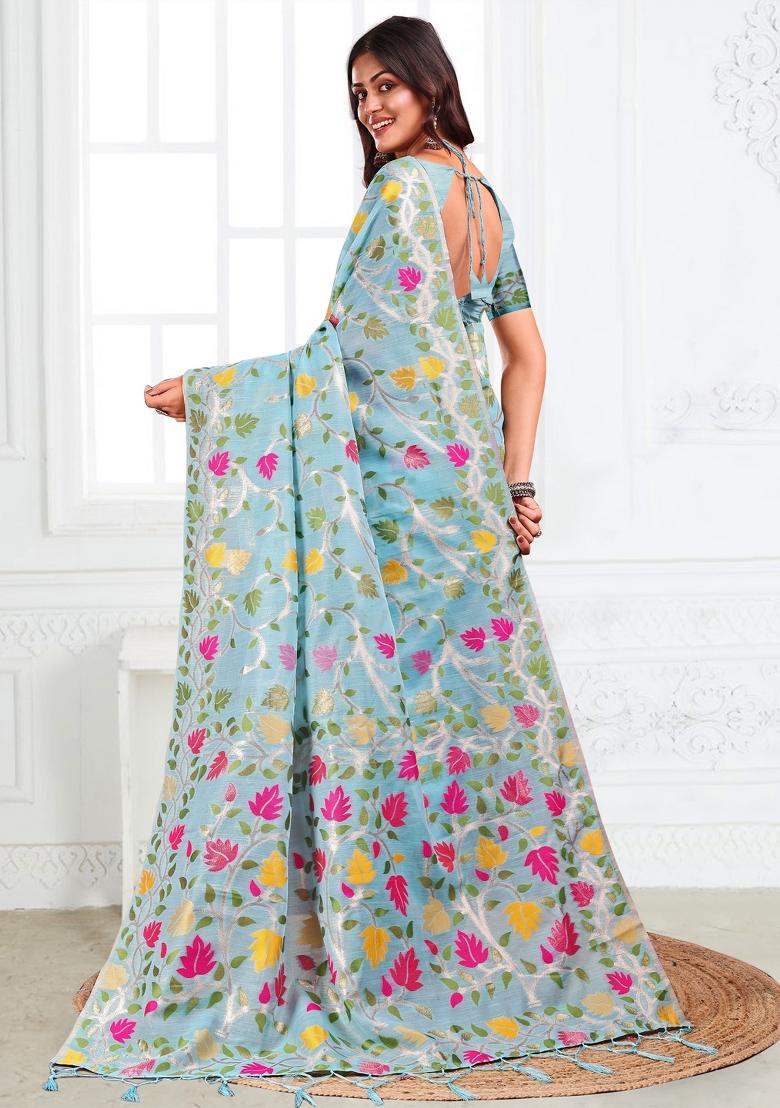 Blue Floral Print Linen Saree Set - Indya