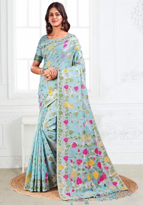 Blue Floral Print Linen Saree Set
