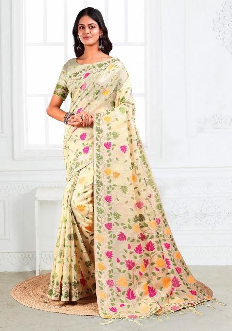 Cream Floral Print Linen Saree Set