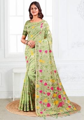 Green Floral Print Linen Saree Set