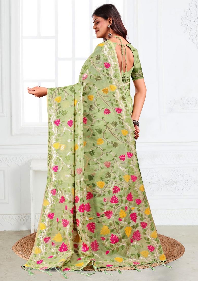 Green Floral Print Linen Saree Set - Indya