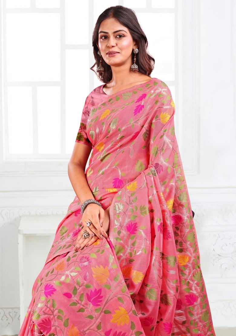 Pink Floral Print Linen Saree Set - Indya