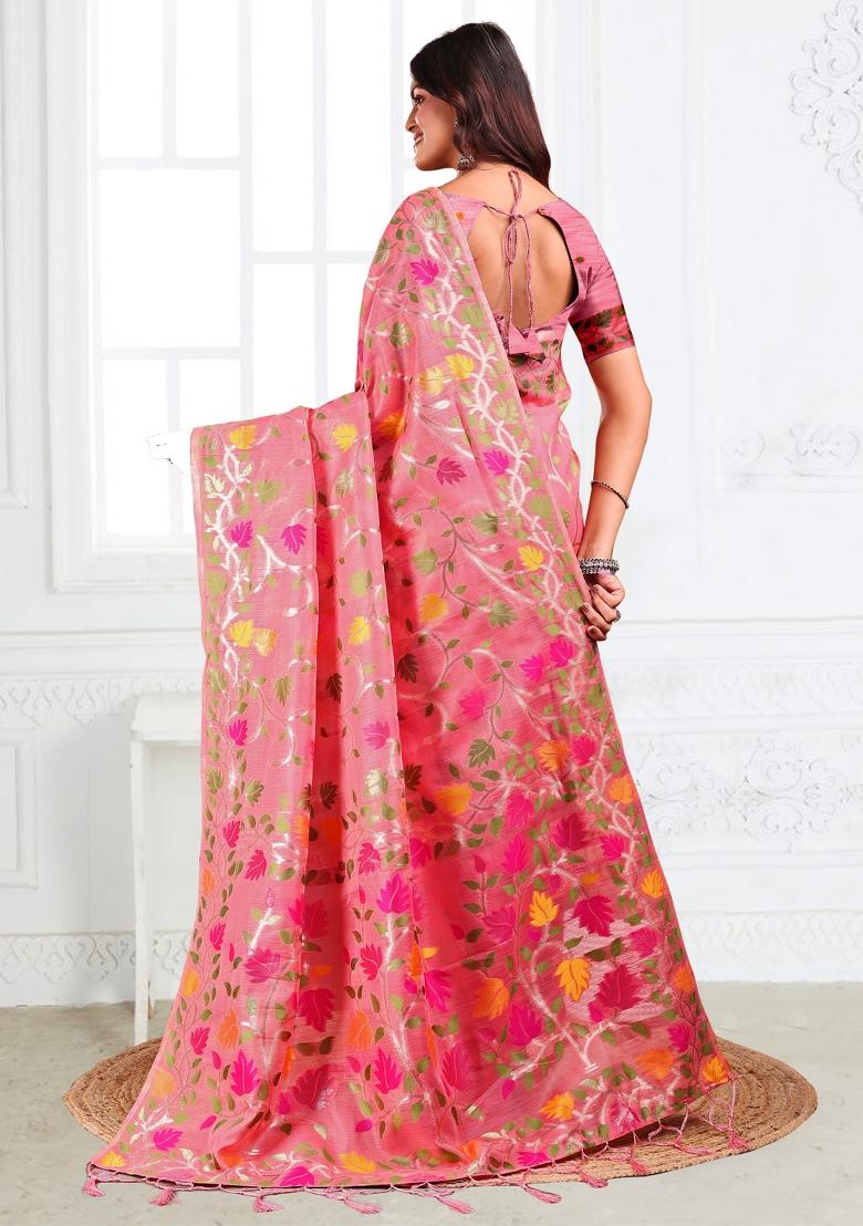 Pink Floral Print Linen Saree Set - Indya