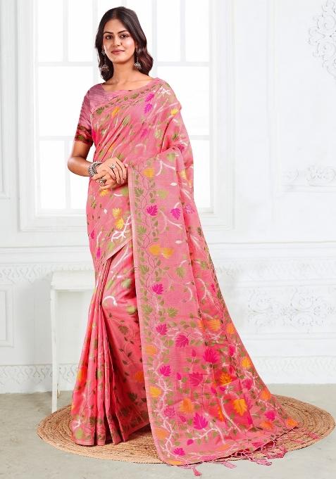 Pink Floral Print Linen Saree Set